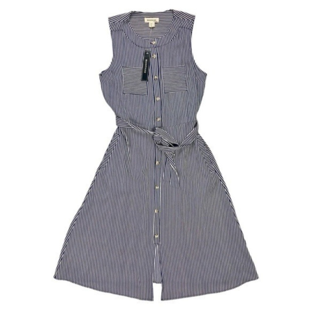 Monteau Striped Button Front Midi Shirt Dress Women S Navy White Office Chic New - Picture 2 of 12